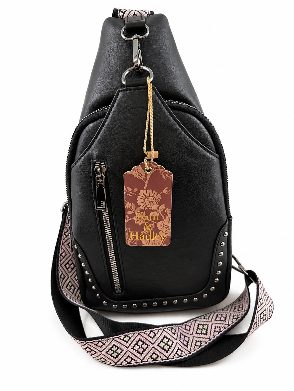 Black Crossbody Sling Bag with Patterned Strap and Stud Accents